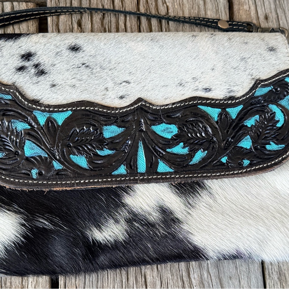 Myra Bag Blue Crescent Hand Tooled Leather Cow Hide Hair On Bag purse - Picture 2 of 9